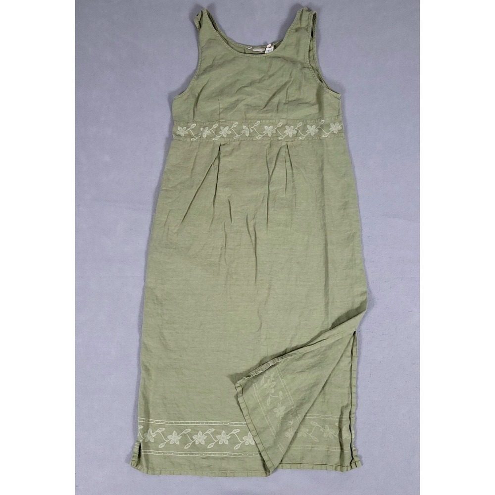 Vintage J. Jill Maxi Dress Women's M Green Floral 100% Linen Sleeveless USA Made